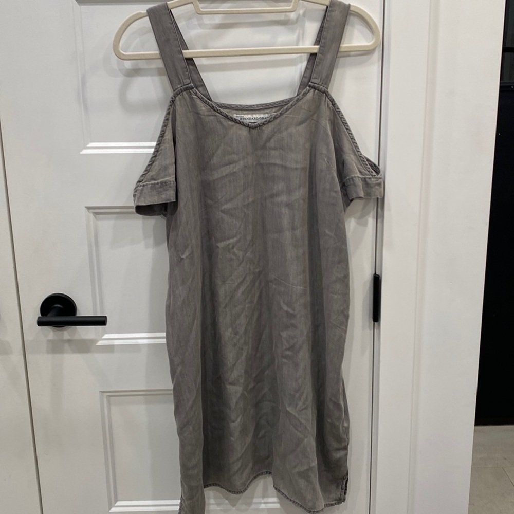 Grey cold shoulder dress by Standard Grace.